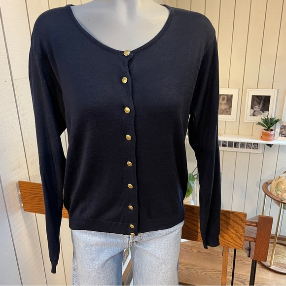 Halston cardigan long sleeve crew neck gold buttons silk blue womens large - Picture 1 of 5